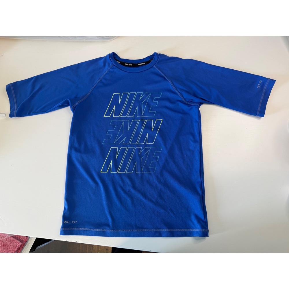 Nike Swim Boys Blue Dri-FIT Rash Guard UPF 40+ Short Sleeve Shirt Size M 9-11Y
